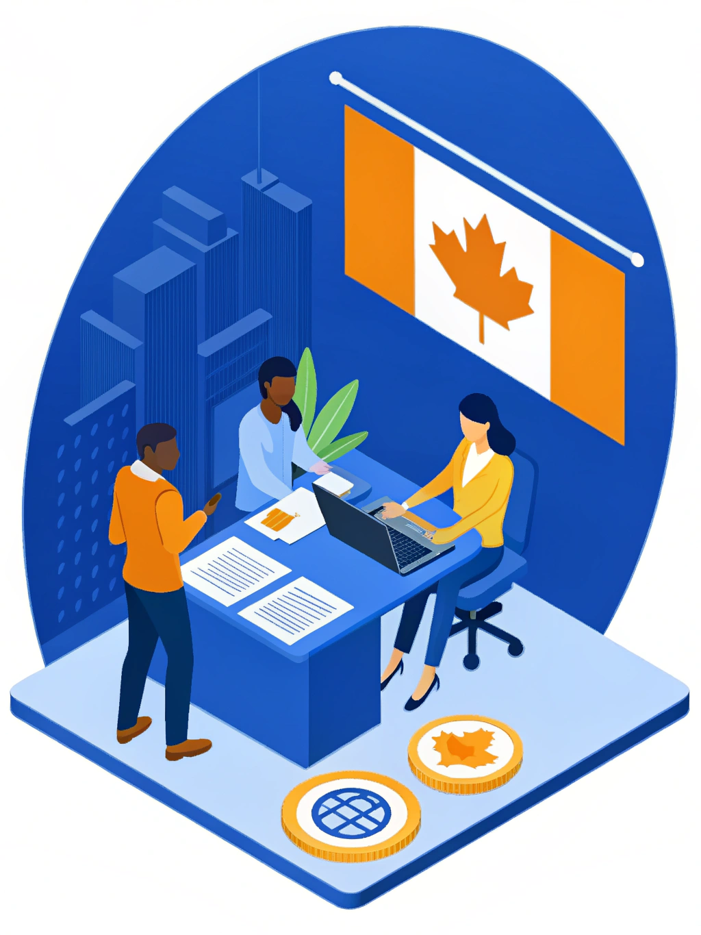 create a professional and modern digital illustrat Illustration of professional translators working on certified documents in multiple languages, featuring a laptop with translation software, language flags, and a certification stamp, symbolizing accuracy, speed, and reliability at a Calgary translation agency.
